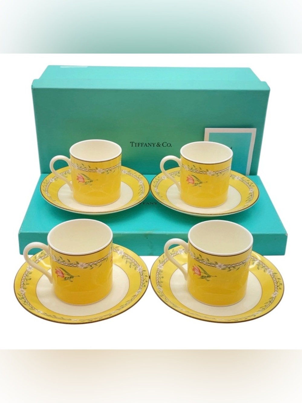 Tiffany & Co. Pink Tulip Demitasse Cups and Saucers Set of 2 W/Box Tea ⭐️-NEW